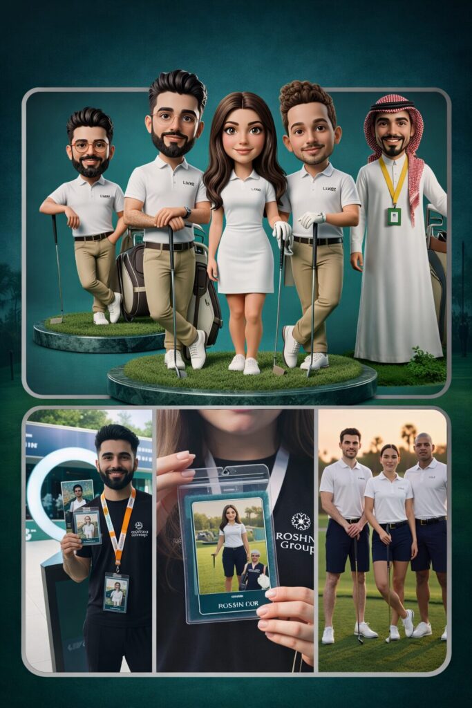 Roshn Liv Golf Championshi[ Riyadh KSA activation providing guests with AI photobooth instant prints, Bobblehead and trading cards all as a lanyard photobooth