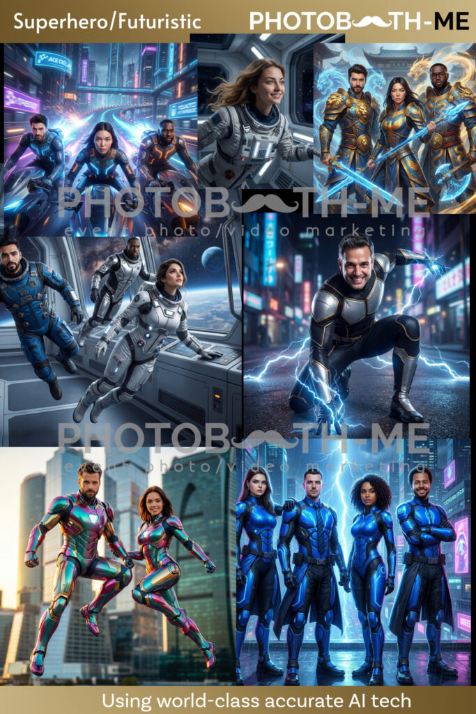 changing people in to superheros via AI Create photo booth Dubai. Any styles and group photos up to 4 people also